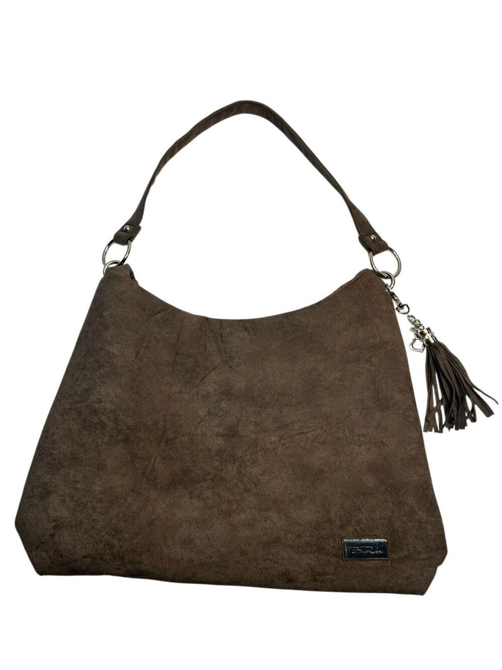 Bella Russo Brown Faux Suede Hobo Bag Tassel Charm Paisley Lining Shoulder Handb